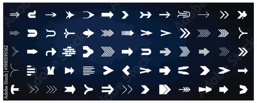Large collection of diverse white arrow icons in various styles on a dark blue gradient background