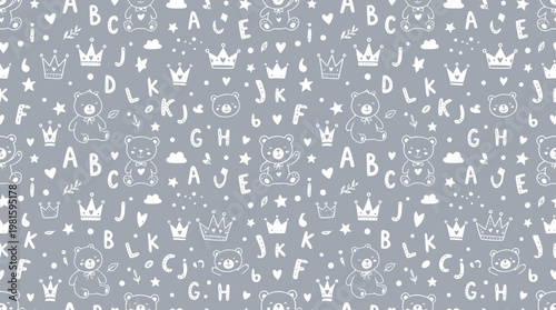 Seamless hand-drawn alphabet letters pattern on gray background.