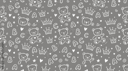 Seamless hand-drawn cute doodle pattern with crowns stars moons and cats.