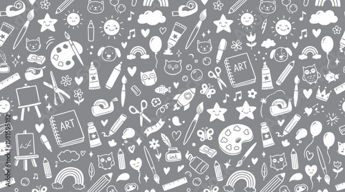 Hand-drawn seamless art supplies pattern in gray tones.