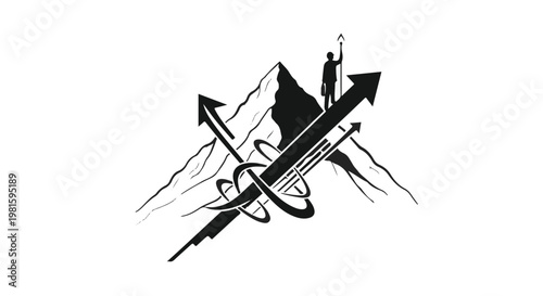 Person reaching summit with upward arrows symbolizing achievement and progress