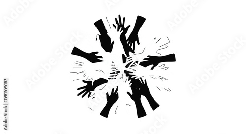 Diverse hands reaching together, symbolizing unity, support, and shared effort in a collaborative burst of energy.