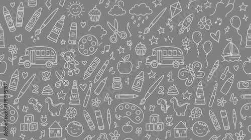 Seamless gray school doodle pattern with educational icons.