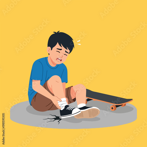 Injured boy crying after falling off his skateboard on a bright yellow backdrop