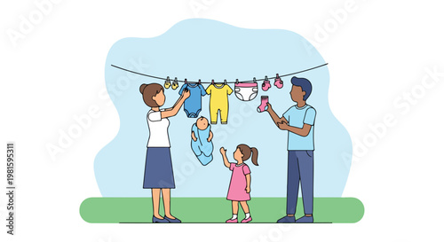 Family with baby hanging tiny clothes on an outdoor washing line together
