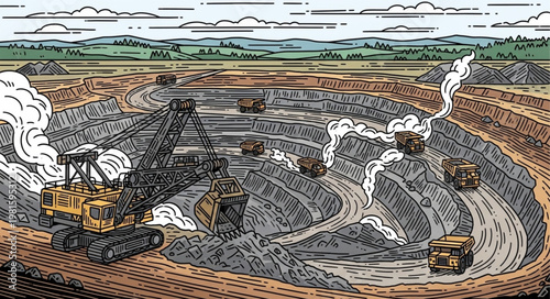 Open-Pit Mining Operation with Heavy Machinery and Environmental Impact.