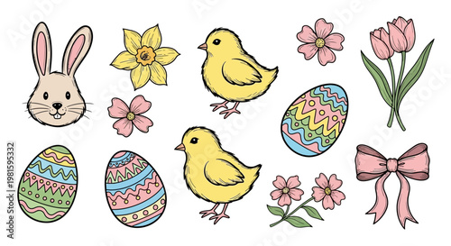 Easter celebration scene with bunny, chicks, eggs, flowers, and bow