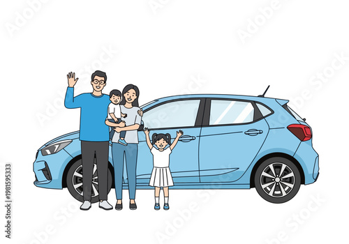 Happy family of four standing with their new blue car, father, mother, and children waving and smiling, road trip and automotive insurance concept, vector illustration.