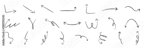 A collection of hand-drawn arrows in various directions. Arrows pointing left, right, up, and down. Curved, zigzag, and straight arrows in black ink. Doodle element vector set.