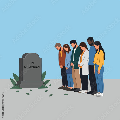 Diverse people bowing in front of a gravestone with the in memoriam inscription