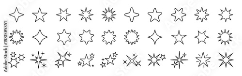 A collection of star shapes and starburst designs. Stars and starbursts in various styles. Simple star and starburst outlines. Diverse star and starburst patterns. Element vector collection.