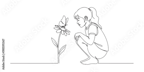 Continuous line art of a little girl looking at a butterfly on a flower.