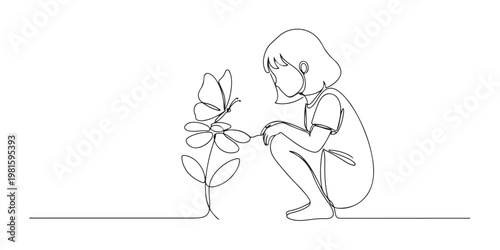 Continuous line art of a little girl looking at a butterfly on a flower.