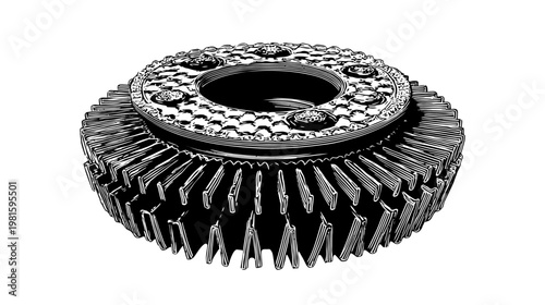 Stylized black and white illustration of an intricate, gear-like industrial component