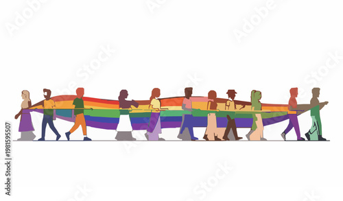Pride parade celebration vector with diverse people and rainbow flags flat cartoon style lgbt community illustration