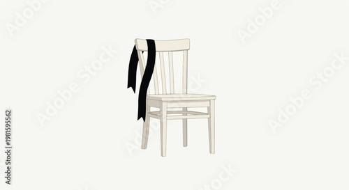 A white wooden chair with a black mourning ribbon draped over its backrest rail