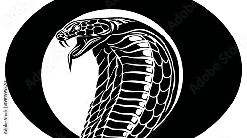 Dramatic cobra design in black and white, head poised, centered in a circle