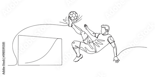 Minimalist football player in action performing a bicycle kick line drawing.