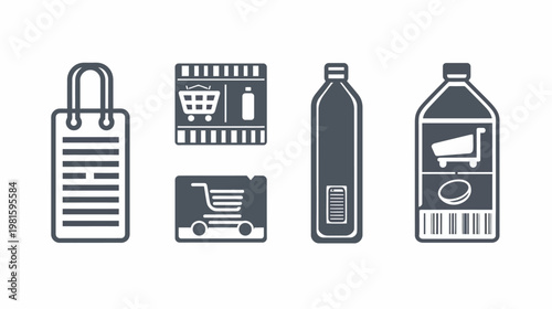 A collection of simple grey icons, including a shopping bag, shelves, and various containers