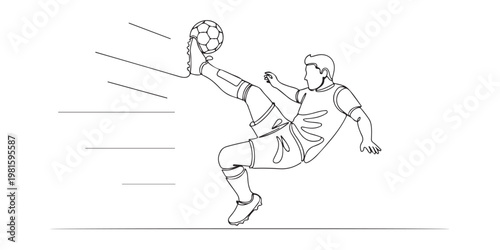 Minimalist football player in action performing a bicycle kick line drawing.