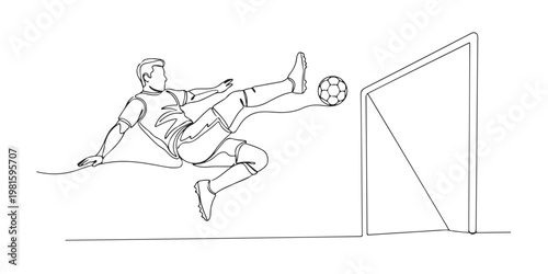 Continuous line art of a soccer player doing an overhead kick to score.