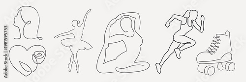 Minimalist line art featuring diverse female figures in various poses: ballet, yoga, running, and roller skating, alongside a rose and heart design. Line art vector set.