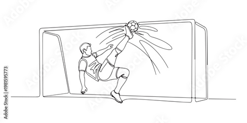 Professional soccer athlete in action with ball and goal net vector illustration.