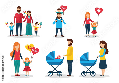 Flat Vector Family Illustration Set - Parents, Children, and Babies in Strollers Collection