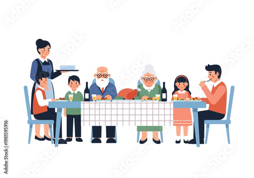 Multigenerational Family Enjoying Festive Thanksgiving or Christmas Dinner Together Illustration