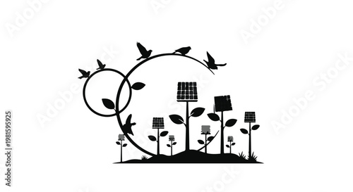 Birds soar around stylized solar panels resembling flowers in a natural setting.