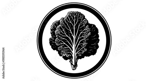 Black and white kale illustration with circle border on a white background