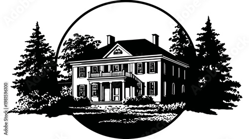Black and white vintage illustration of a classic house within a circular frame