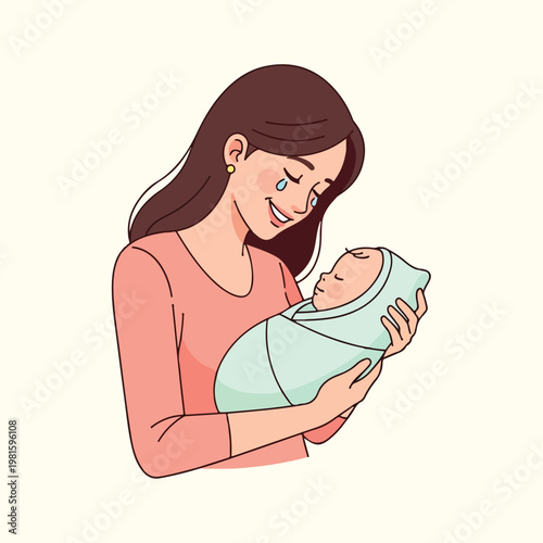 Smiling mother crying tears of joy cradles her sleeping newborn baby in blanket