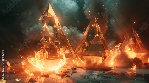 Flames Emerging from Fractured Floating Glass Pyramids in Surreal Conceptual Composition