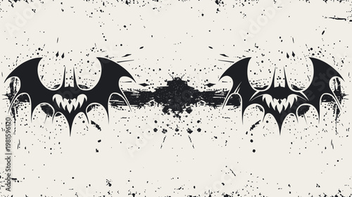 Symmetrical image of winged creature with a distressed texture and scattered ink splatters