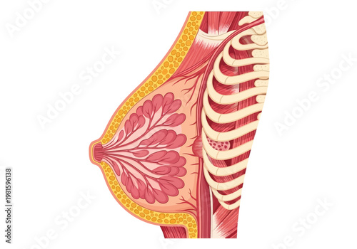 Female Breast Anatomy Cross Section Medical Illustration Showing Mammary Glands, Milk Ducts, Ribs, and Muscle Structure