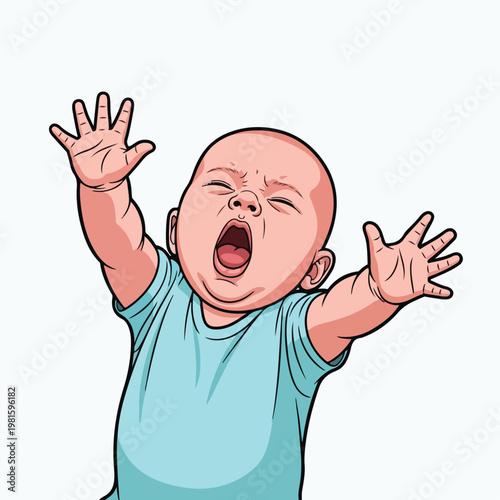 Vector illustration of a crying baby screaming with arms raised in distress