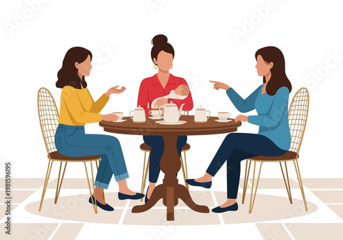 Group of Mothers Socializing and Having Tea while Holding a Baby, Female Friends Supporting New Mom Illustration