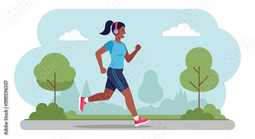 Black woman jogging through a park wearing her headphones and athletic clothing