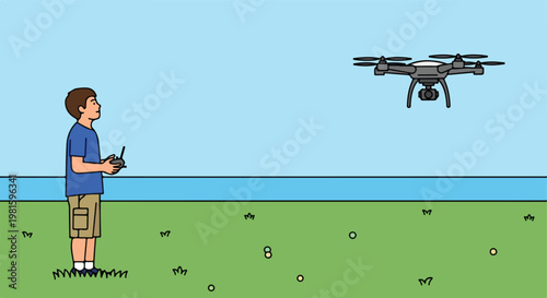 Boy operating a remote controlled drone camera over a green field and blue water
