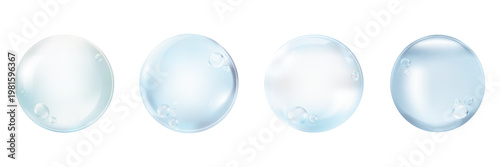 Four translucent soap bubbles, round and glossy. Bubbles reflect light, creating a shiny, transparent effect. Bubbles appear delicate and airy, floating in space. Element vector collection.