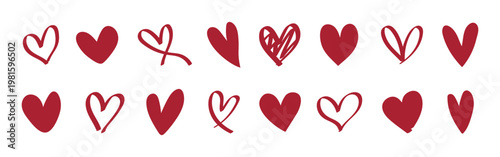 A collection of red heart illustrations. Red hearts in various styles. Heart shapes, red hearts, and love symbols. Diverse red heart designs for decoration. Valentine's element vector set.