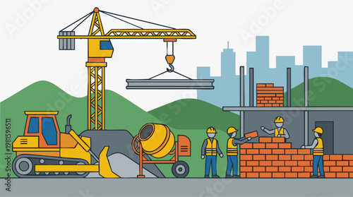 Construction site with heavy machinery, workers, and building progress.