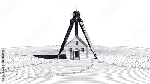 Architectural drawing of a house within the grip of a large compass on a sketched circular plane