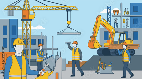 Construction Site with Workers, Crane, and Excavator in Building Process
