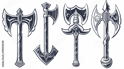 Collection of stylized axes with varied designs, from simple forms to ornate details