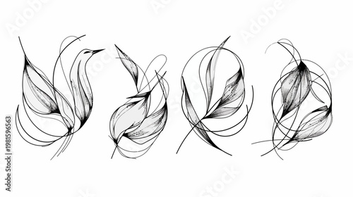 Four monochrome illustrations of abstract shapes, evoking leaves and a bird-like figure