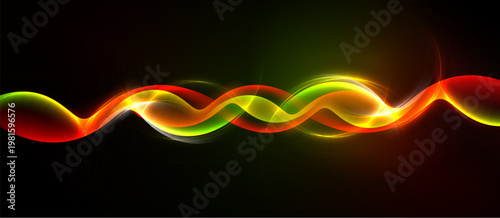 Bright wavy lines span image. Colors blend, creating dynamic visual effect against dark background. Smooth curves suggest movement.