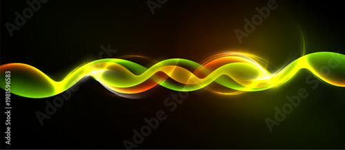 Bright wavy lines span image. Colors blendgreen, yellow, orange. Dark background emphasizes luminous curves, creating dynamic visual effect.