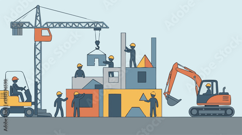 Construction site with workers, crane, and excavator building a structure